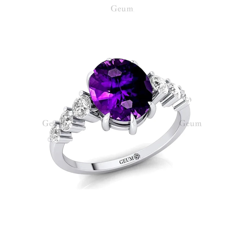 Solid 14k Yellow Gold Natural Amethyst Gemstone & Diamond Delicate Solitaire Wedding Anniversary Ring Handmade Fine Jewelry Bulk