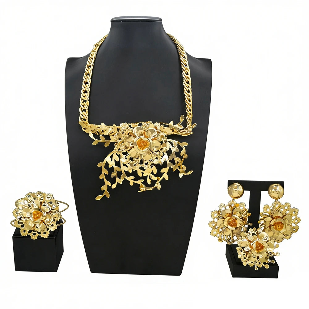 Zhuerrui Luxury 18K Gold Plated Hollow Floral Leaf 4PCS Jewelry Set Brazilian African Necklace Earrings Bracelet Ring HK049822