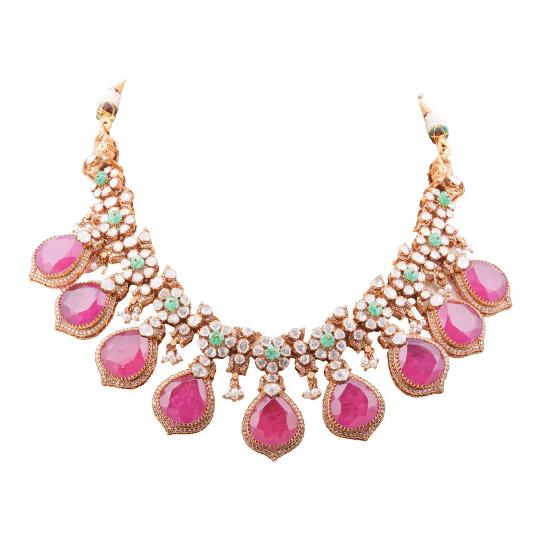 Royal Gulabi Rani Haar Gajaah 925 Silver Ruby Polki Diamond Emerald Statement Necklace Bridal Jewellery For Women