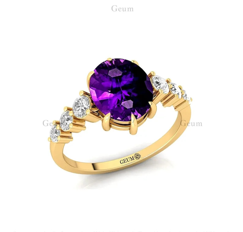 Solid 14k Yellow Gold Natural Amethyst Gemstone & Diamond Delicate Solitaire Wedding Anniversary Ring Handmade Fine Jewelry Bulk
