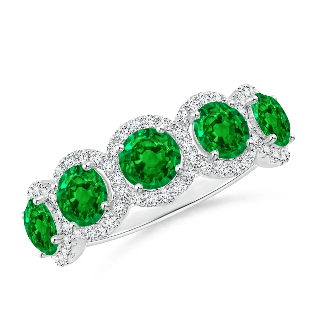 14K Solid Gold Five Natural Green Emerald Gemstone Half Eternity Halo Ring Fine Jewelry Top Selling Wedding Unisex Handmade Ring