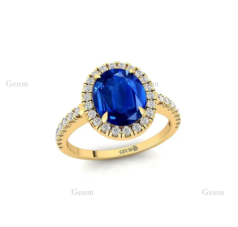 Lab Grown Blue Sapphire Gemstone Luxury Round Cut Diamond 14K Real Gold Ring Fine Jewelry Anniversary Party Valentine Gift Rings