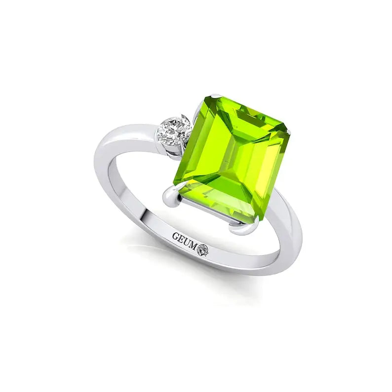 14k Yellow Solid Gold Natural Peridot & Solitaire Round Cut Diamond Engagement Ring Gift for Fiance Champagne Gold Jewelry
