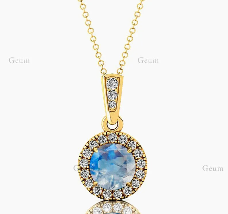 Beautiful Halo Solitaire Charm's Pendant Rainbow Moonstone Jewelry Rhodium Plated 14k Gold Necklace