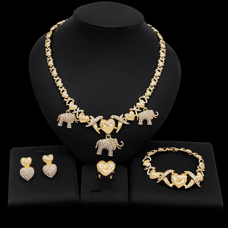 Zhuerrui Luxury African Brazilian Gold Wedding Party Xoxo Jewelry Sets Crystal Elephant I Love You Hug and Kiss Jewelry SetX0073