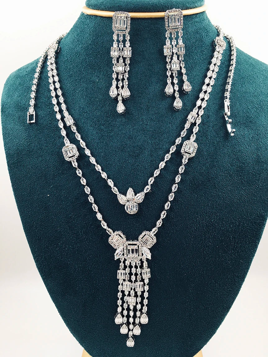 Luxury Full-Paved Radiant-Cut Zirconia Double-Layer Long Tassel Pendant Necklace & Earrings Set — Rhodium Plated