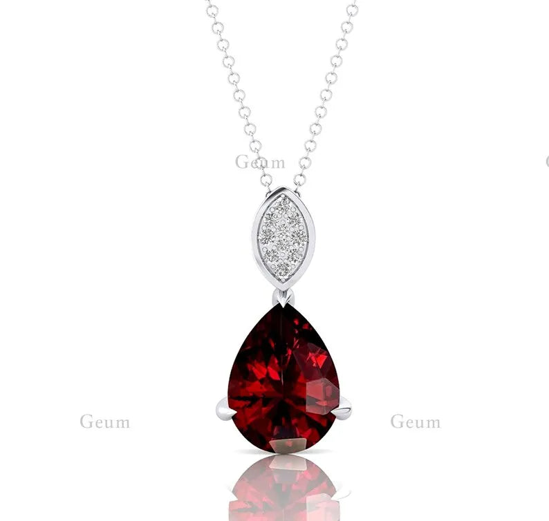 14K Solid Yellow Rose White Gold Rhodium Plated Cute Fancy Teardrop Pear Shaped Pendant Natural Red Garnet Gemstone Pendant Gift