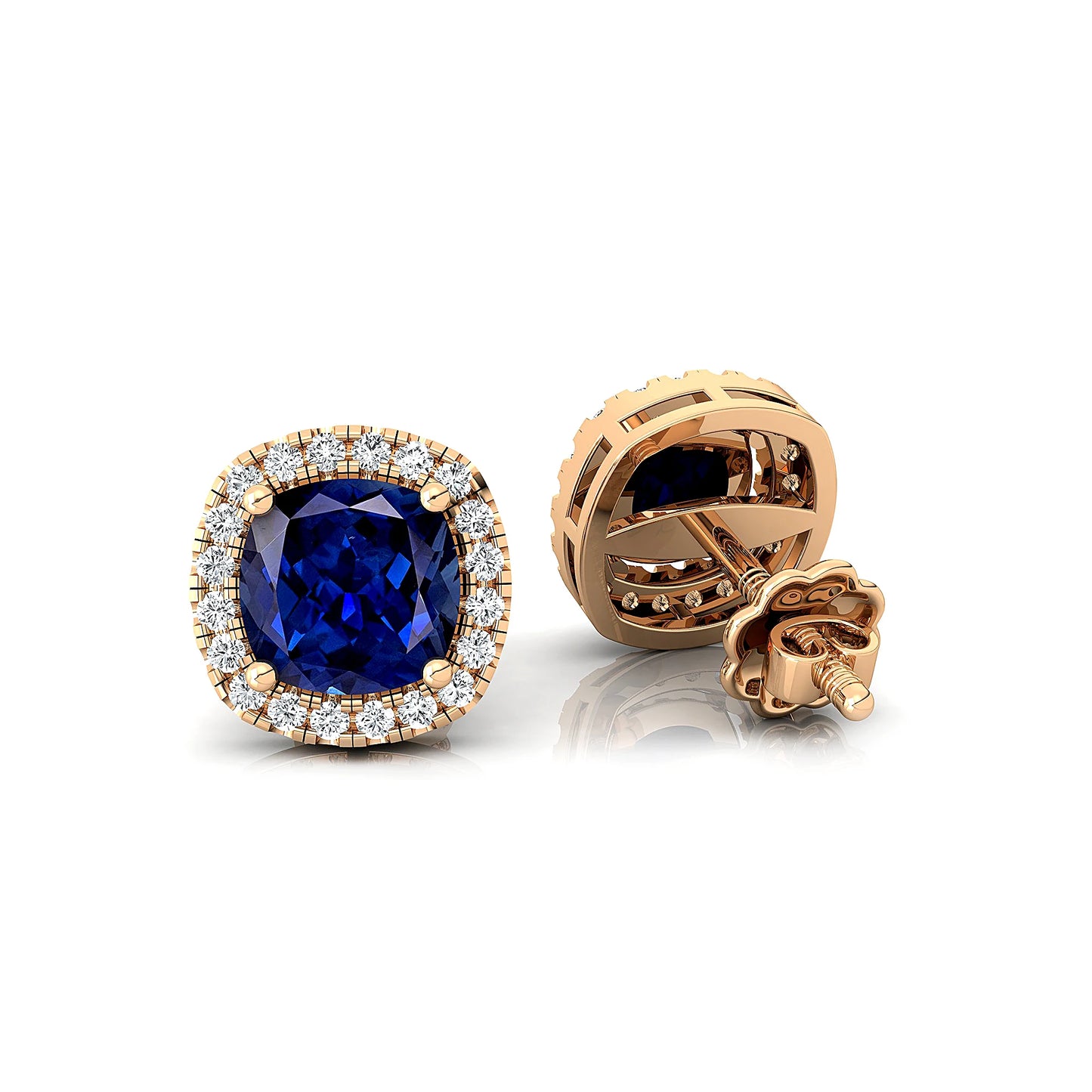Handmade 18K Solid Gold Stud Earrings Lab Blue Sapphire Gemstone with Real Diamonds Cute Gift Statement Bridal Wedding Jewelry