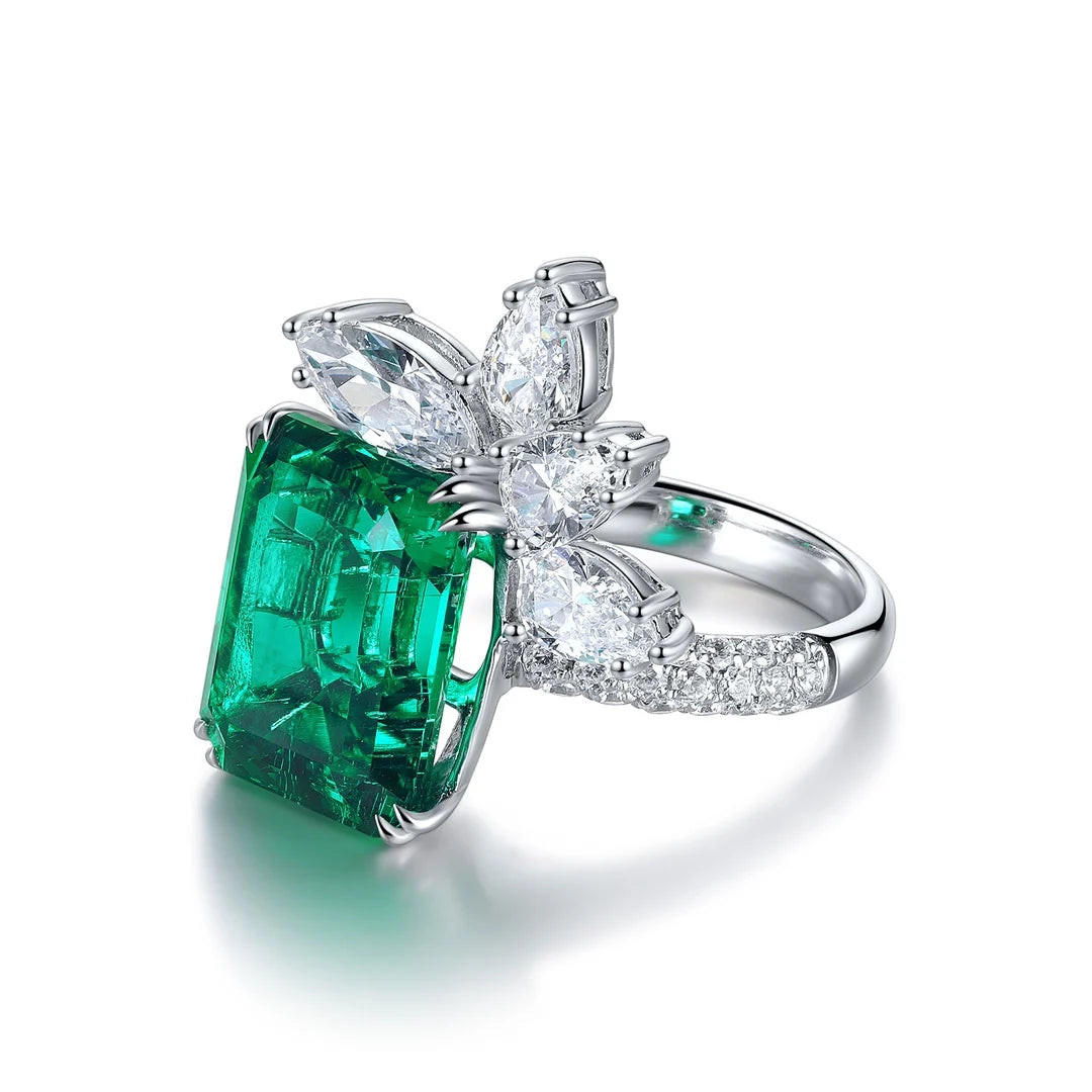 Gemfiori Anster Emerald Cut Lab Made Diamonds and Ring S925 Sterling Silver Lab Created Emerald Women Ring