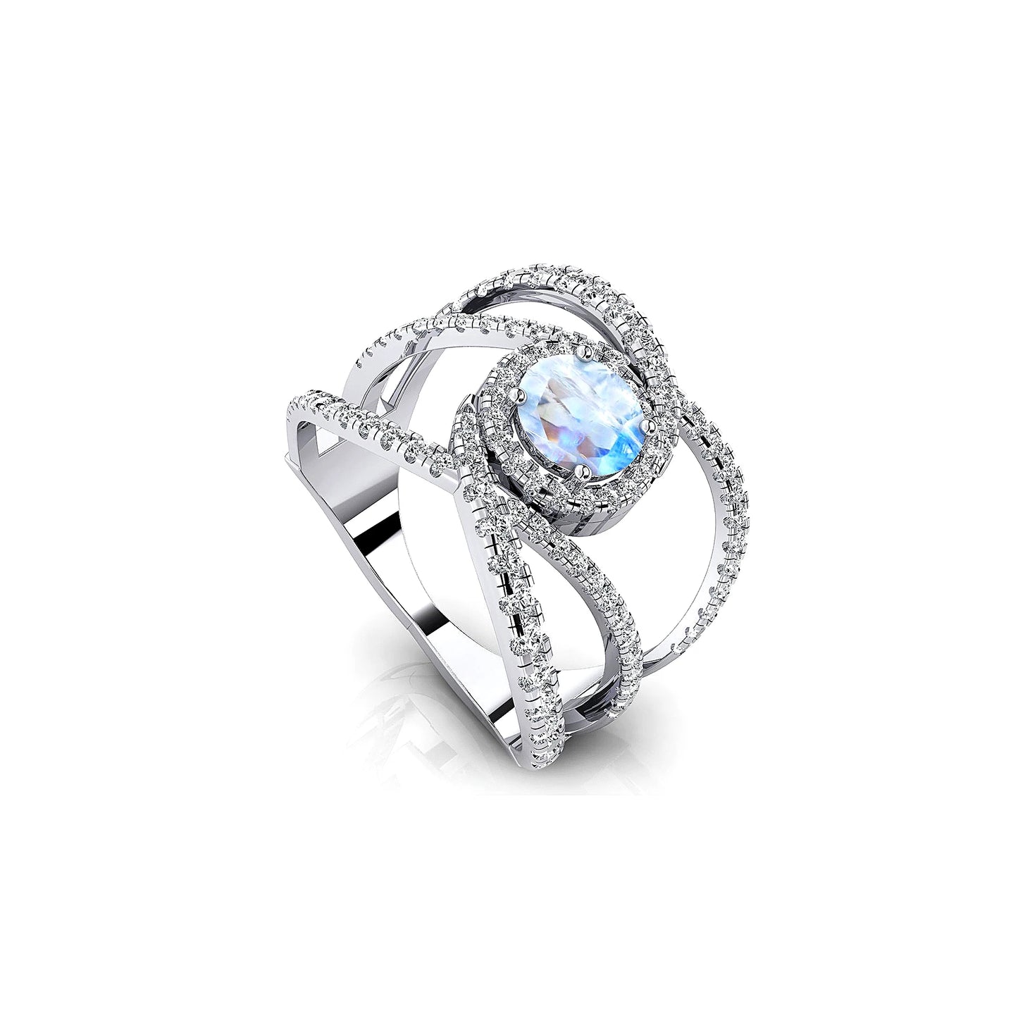 18Kt Solid Gold Women's Birthstone Jewelry Natural Rainbow Moonstone Gemstone Charming Solitaire Halo Ring Classic Wedding Party