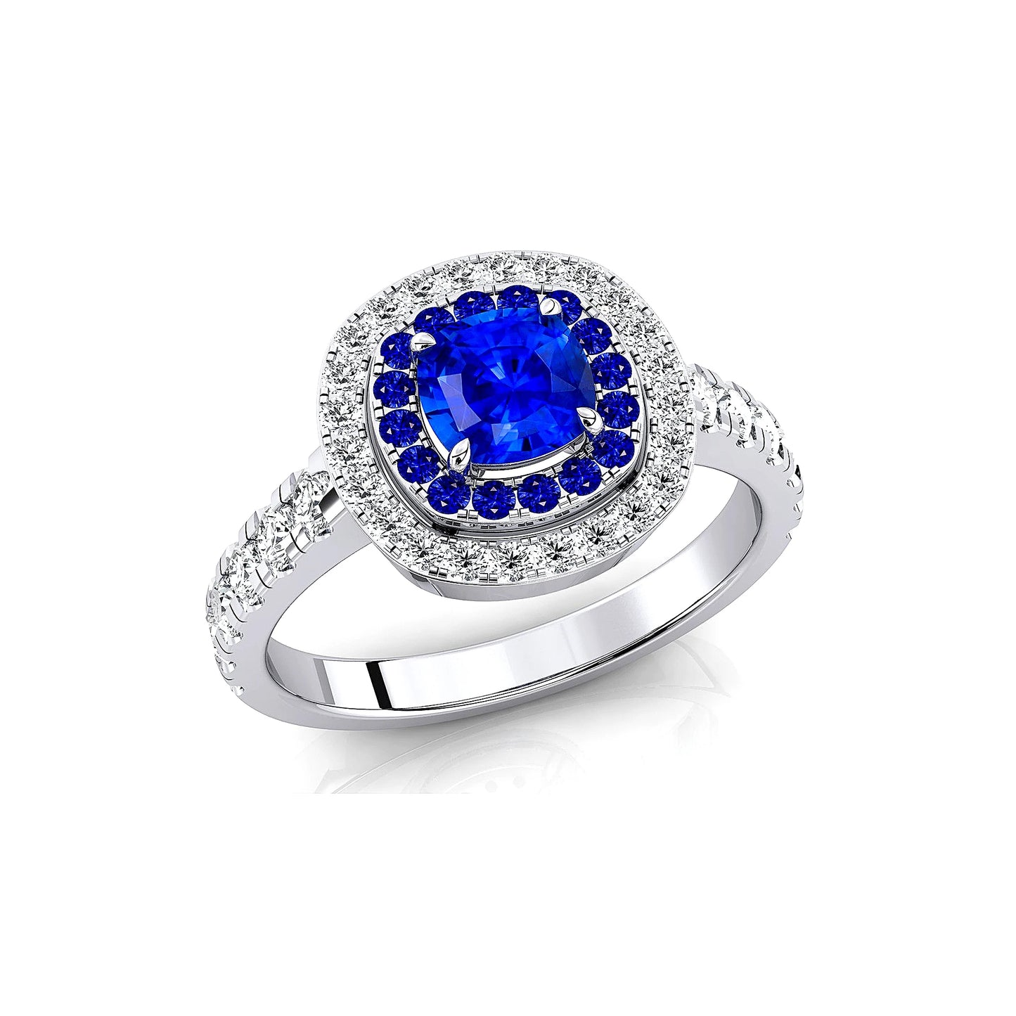18kt Solid Gold Lab Grown Blue Sapphire Gemstone Real Diamond Rhodium Plated Handmade Double Halo Ring Jewelry Gift For Wife