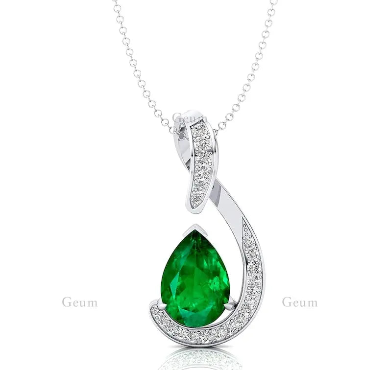 Lab Grown Green Emerald Genuine White Diamond Teardrop Pendant Necklace 14k Solid Gold Cute Delicate Fine Women's Gift Jewelry