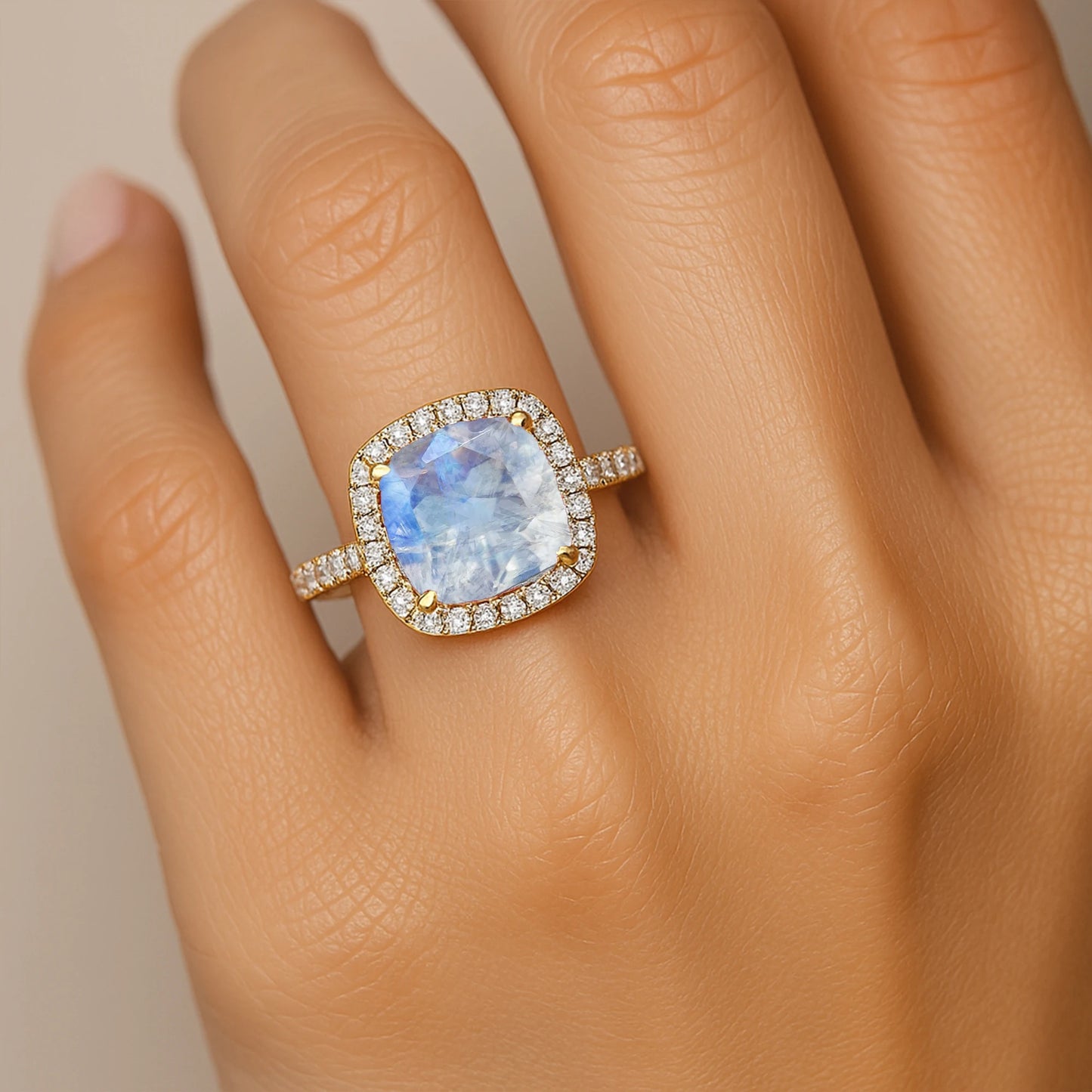 14k Solid Gold Natural Rainbow Moonstone June Birthstone Cushion Shape Prong Set Third Party Certified Handmade Wedding Ring