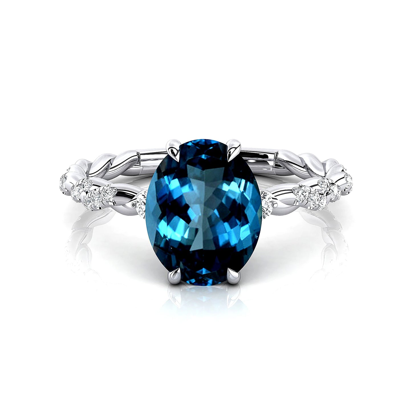 18k Solid Gold Adorned Oval Cut Natural London Blue Topaz Gemstone Real White Diamonds Cluster Wedding Classic Rings OEM ODM