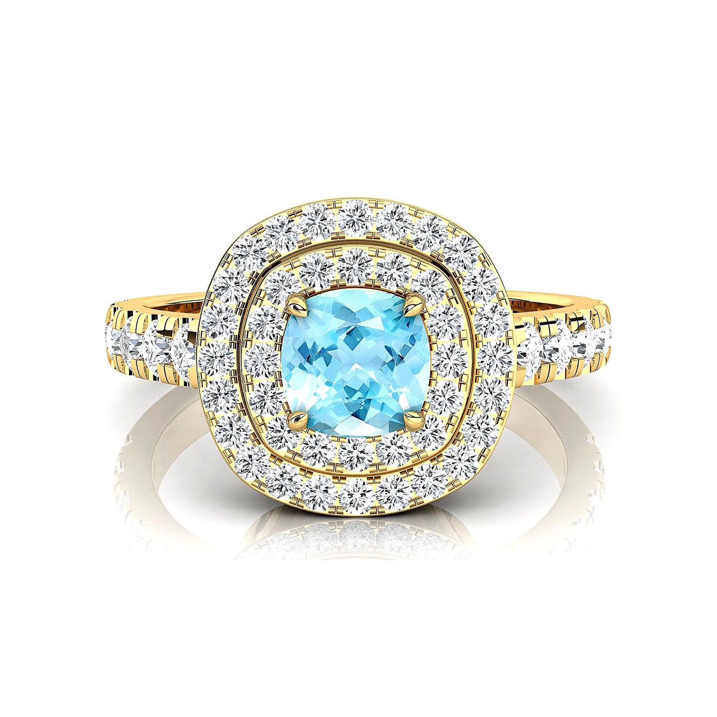 100% Natural Birthstone Aquamarine Gemstone Fine White Diamonds Solid Gold Bulk Double Halo Ring For Wedding and Engagement