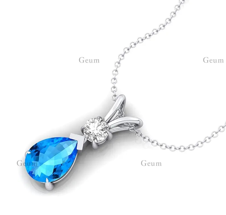 Luxurious Solid Gold Cute Women's Pendant White Diamond for Swiss Blue Topaz Gemstone Charm Necklace Rhodium Plated Third Party
