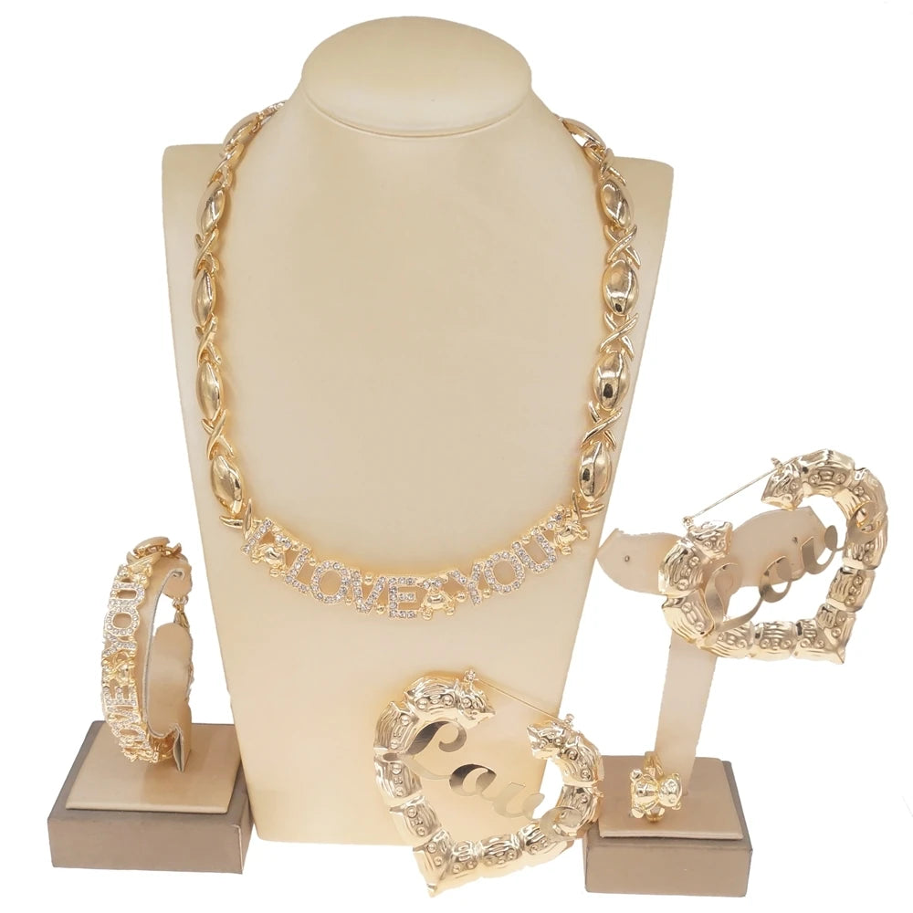 Zhuerrui Factory Direct I Love You Shiny Necklace Jewellery Set American Wedding Women Party Beautiful Gold Plated Sets X0142