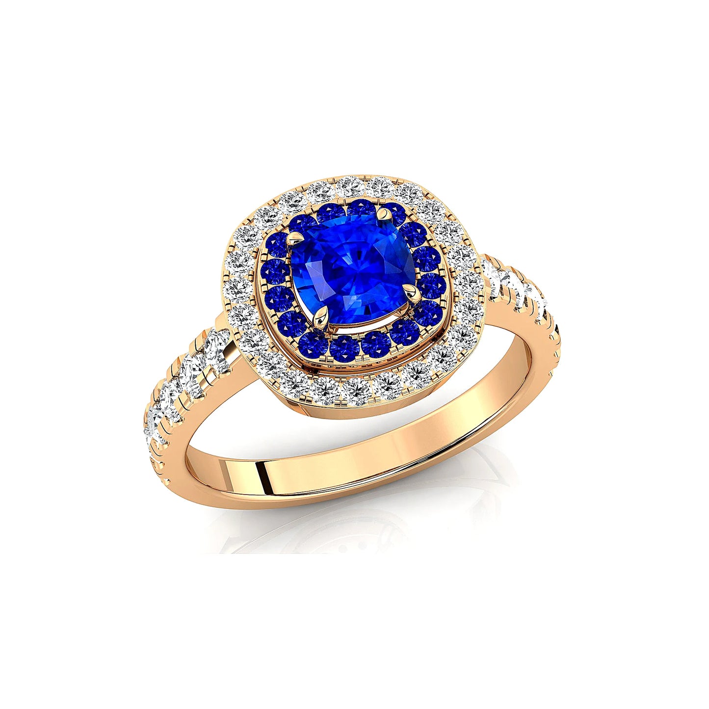18kt Solid Gold Lab Grown Blue Sapphire Gemstone Real Diamond Rhodium Plated Handmade Double Halo Ring Jewelry Gift For Wife