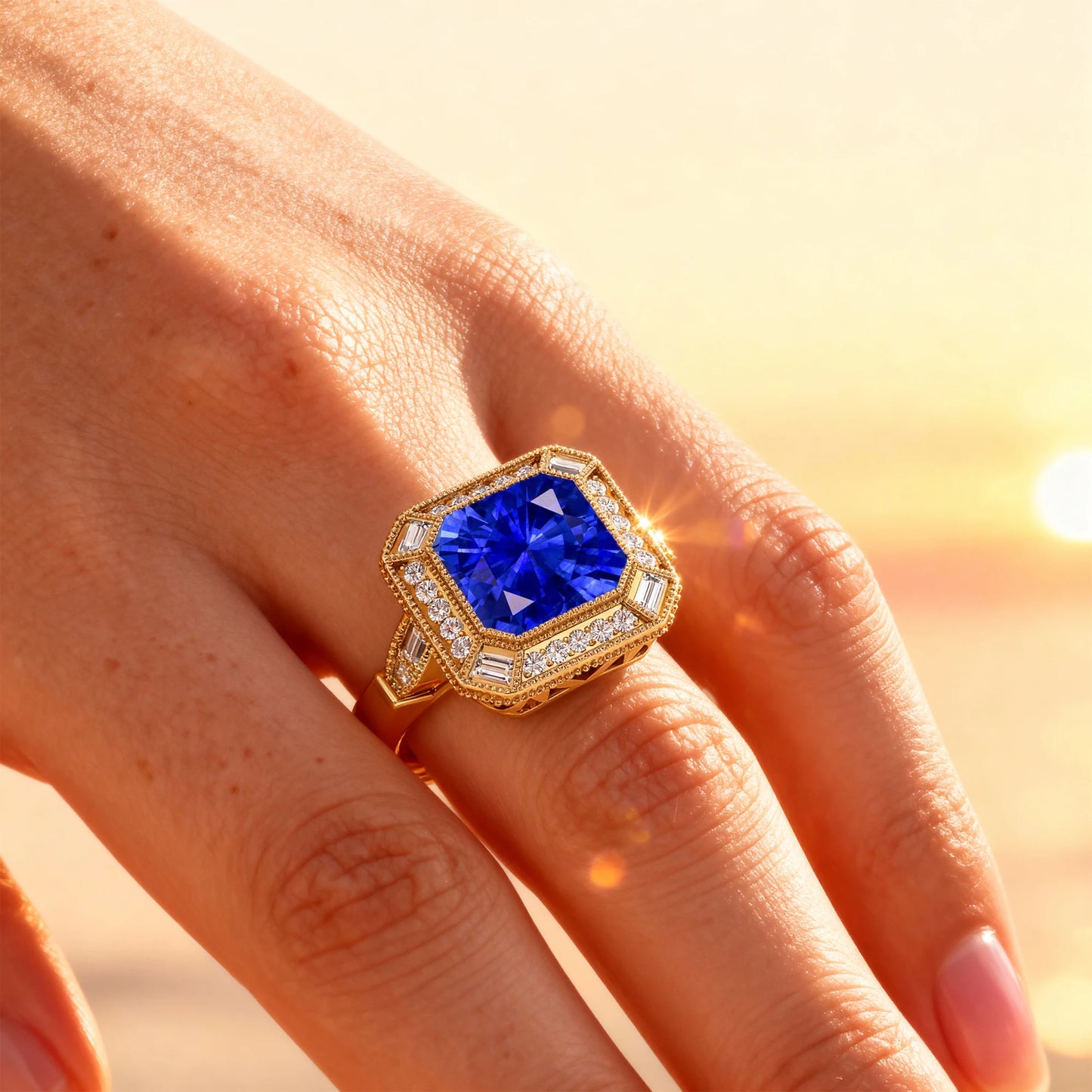 Minimalist 18K Solid Gold Fine Bridal Jewelry Lab Grown Blue Sapphire Gemstone Real Diamonds Cluster Rings Rhodium Plated Prong