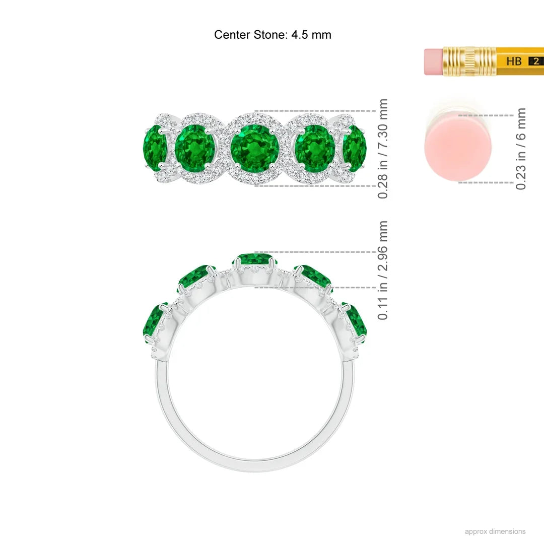 14K Solid Gold Five Natural Green Emerald Gemstone Half Eternity Halo Ring Fine Jewelry Top Selling Wedding Unisex Handmade Ring
