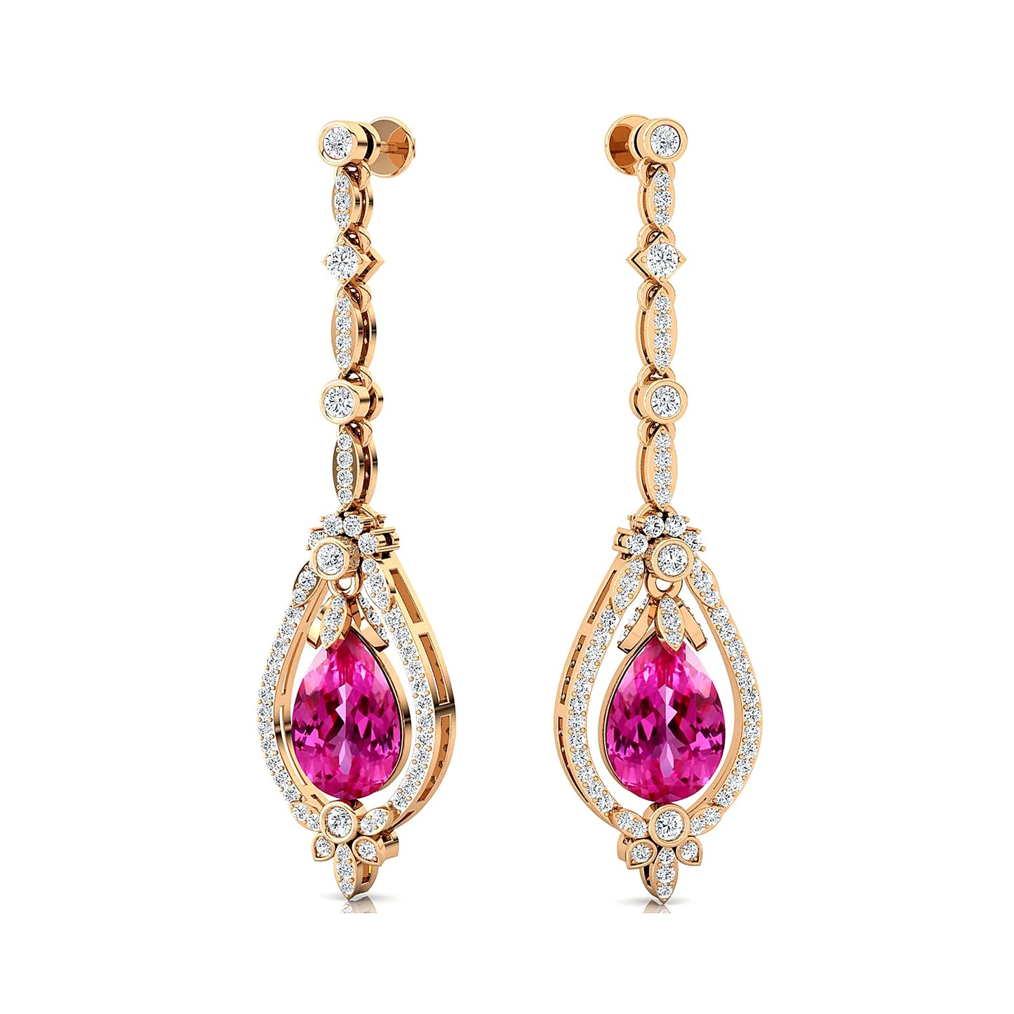 Solid Gold Luxurious Design Pear Cut Lab Grown Pink Sapphire Gemstone Cute Wedding OEM Birthstone Dangle Drop Earring