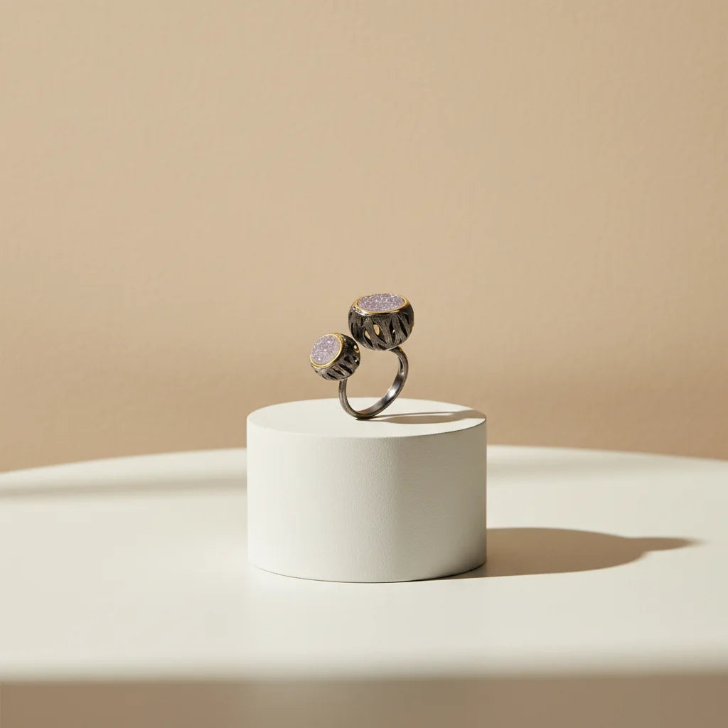 Special Drum Design Handmade 925 Sterling Silver Ring With Sand Quartz