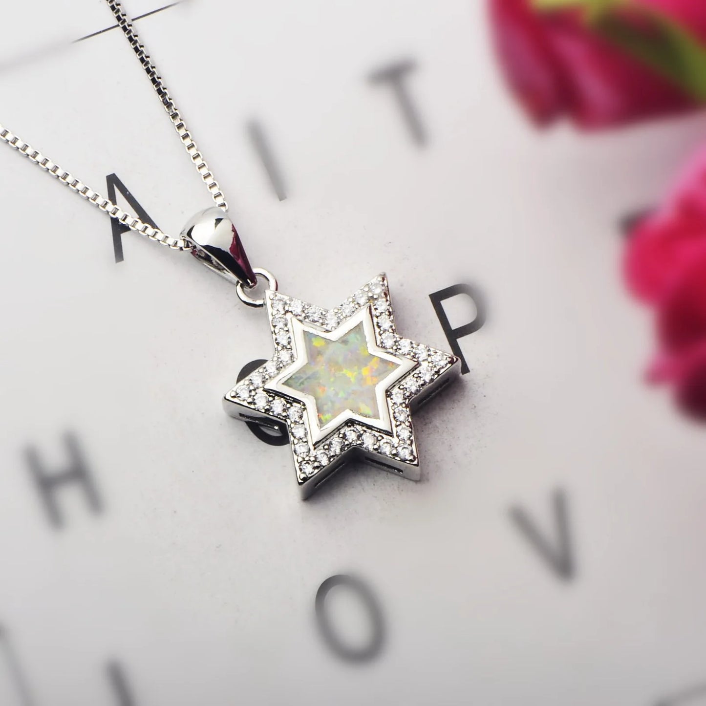 Opal Christian Anniversary Necklace for Women Romantic Brass Link Chain Sweater with Blue Hexagonal Star Pendant