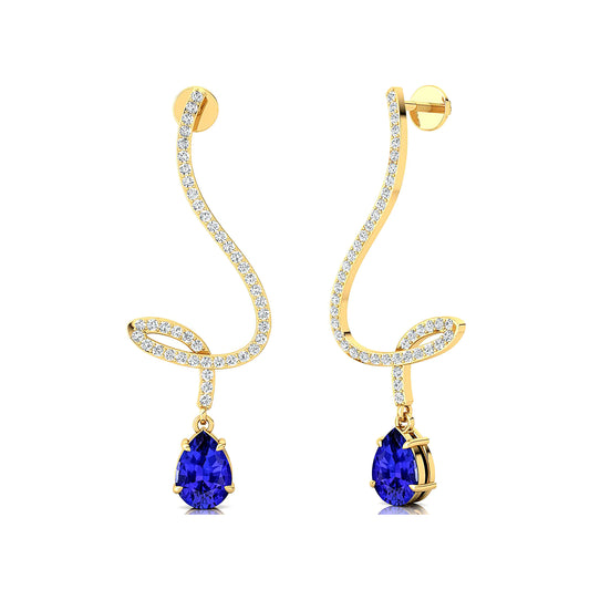 100% Natural Tanzanite Gemstone Fine Real Diamonds OEM Luxurious Trendy Wedding Solid Gold Rhodium Plated Dangling Drop Earrings