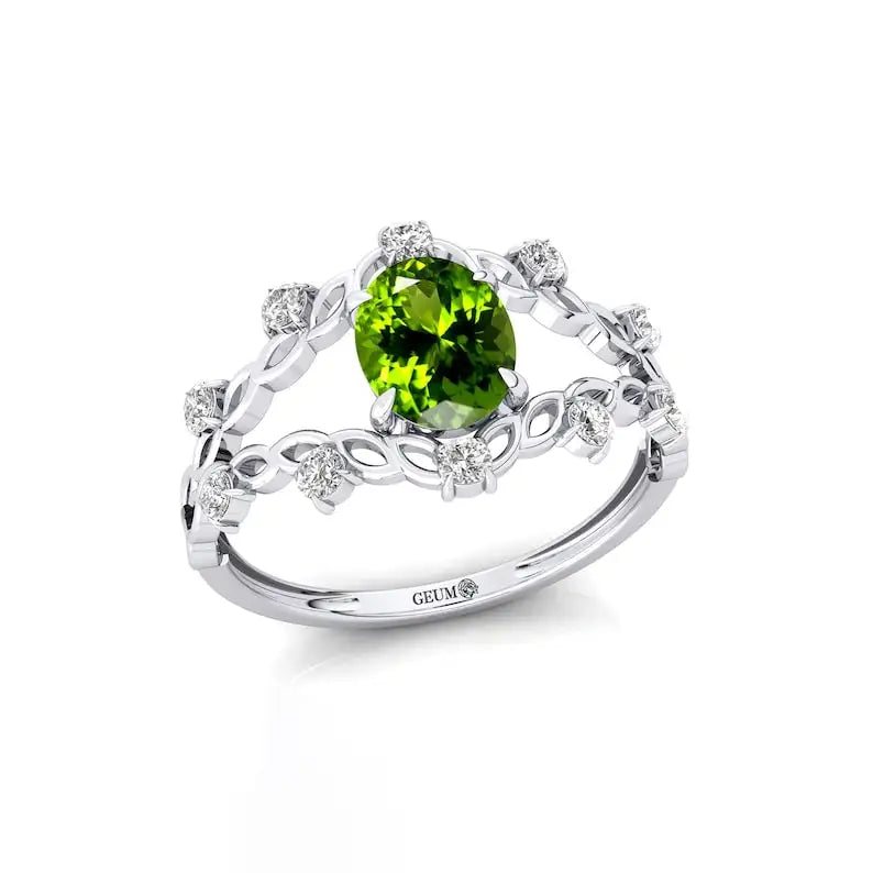 14k Yellow Solid Real Gold Oval Cut 1.35 Green Natural Peridot Gemstone Rings With Natural Diamonds Luxurious Anniversary Rings
