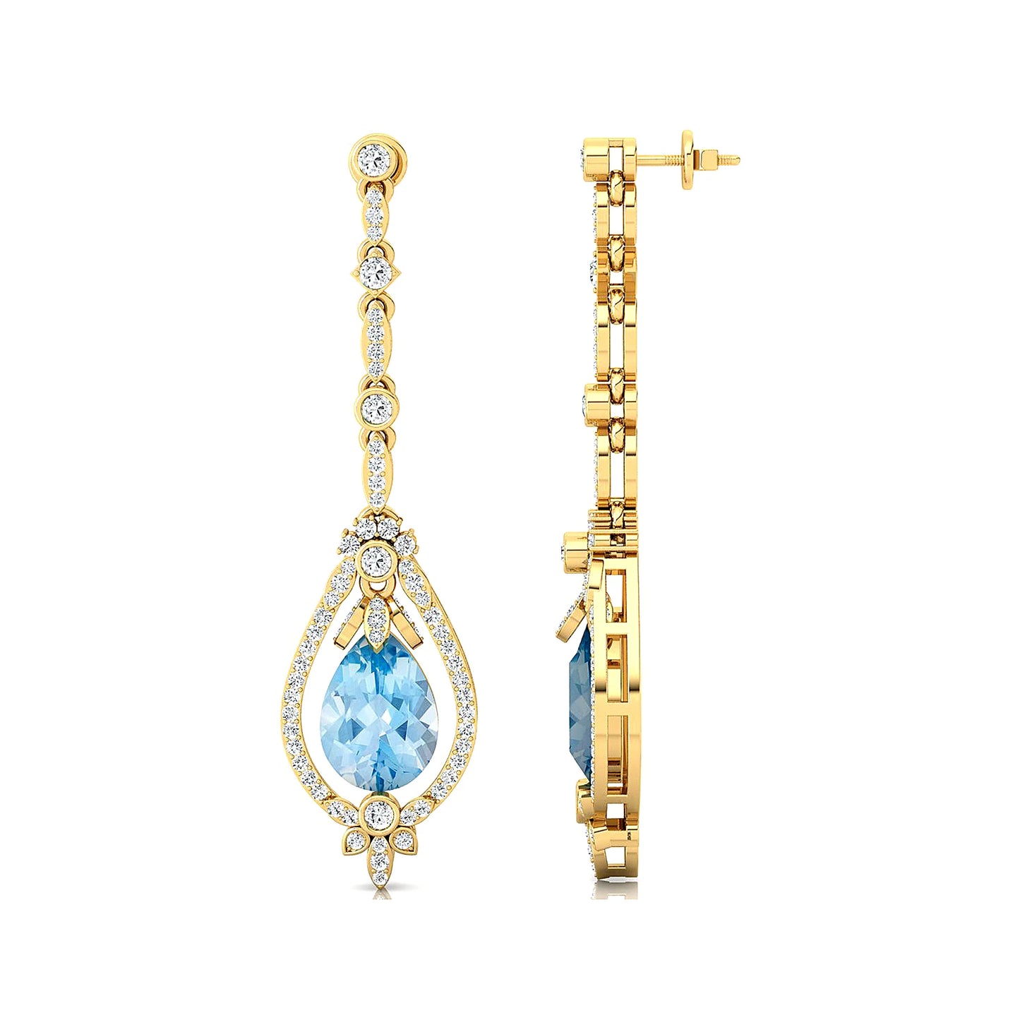 Solid Gold Women's Dangle Drop Earrings Natural Aquamarine Real White Diamond Wedding Engagement Party Gift Bulk ODM Rhodium