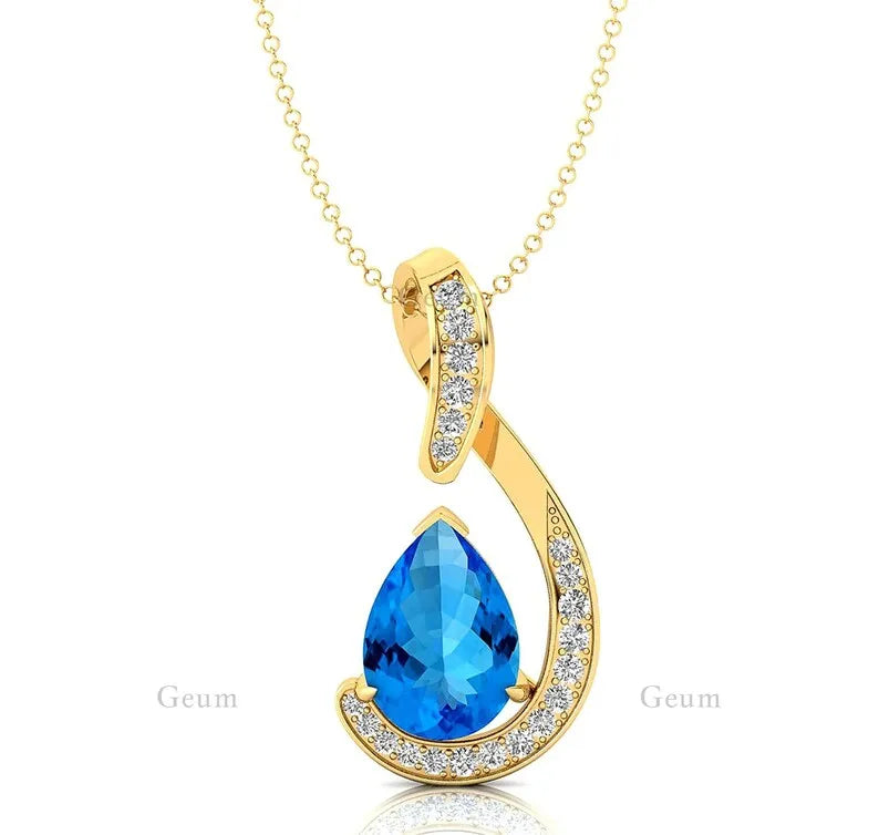14k Solid Gold Pendant Natural Swiss Blue Topaz Stone & Diamonds Pendant Necklace For Women Wedding Pendant Gift For Wife