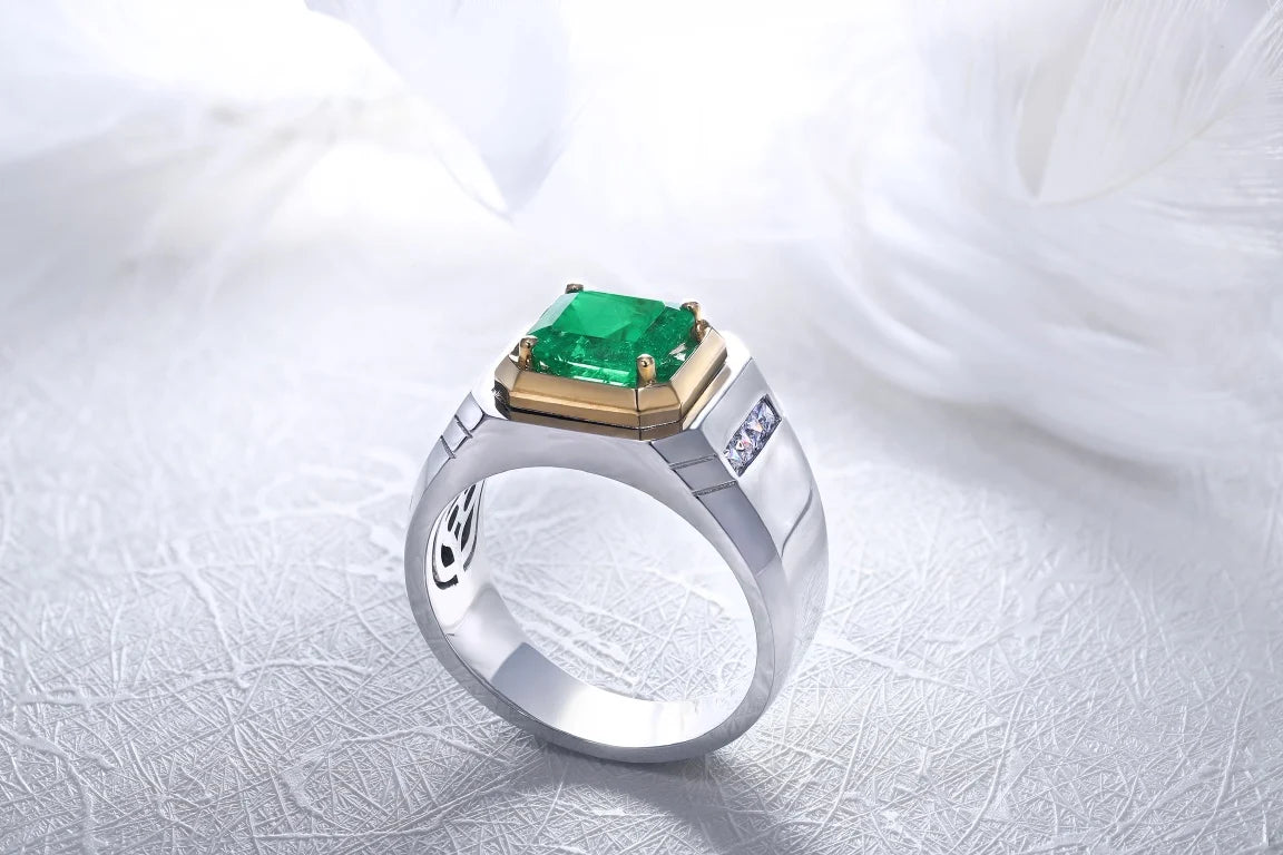 Gemfiori Anster Lab Made Diamonds and Ring S925 Sterling Silver Asscher Cut Lab Created Emerald Men Ring