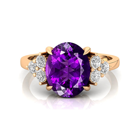 Beautiful Design Oval Cut Amethyst Faceted Halo Solitaire Ring 14k Solid Gold Adorned with Real Diamonds Gift for Wife