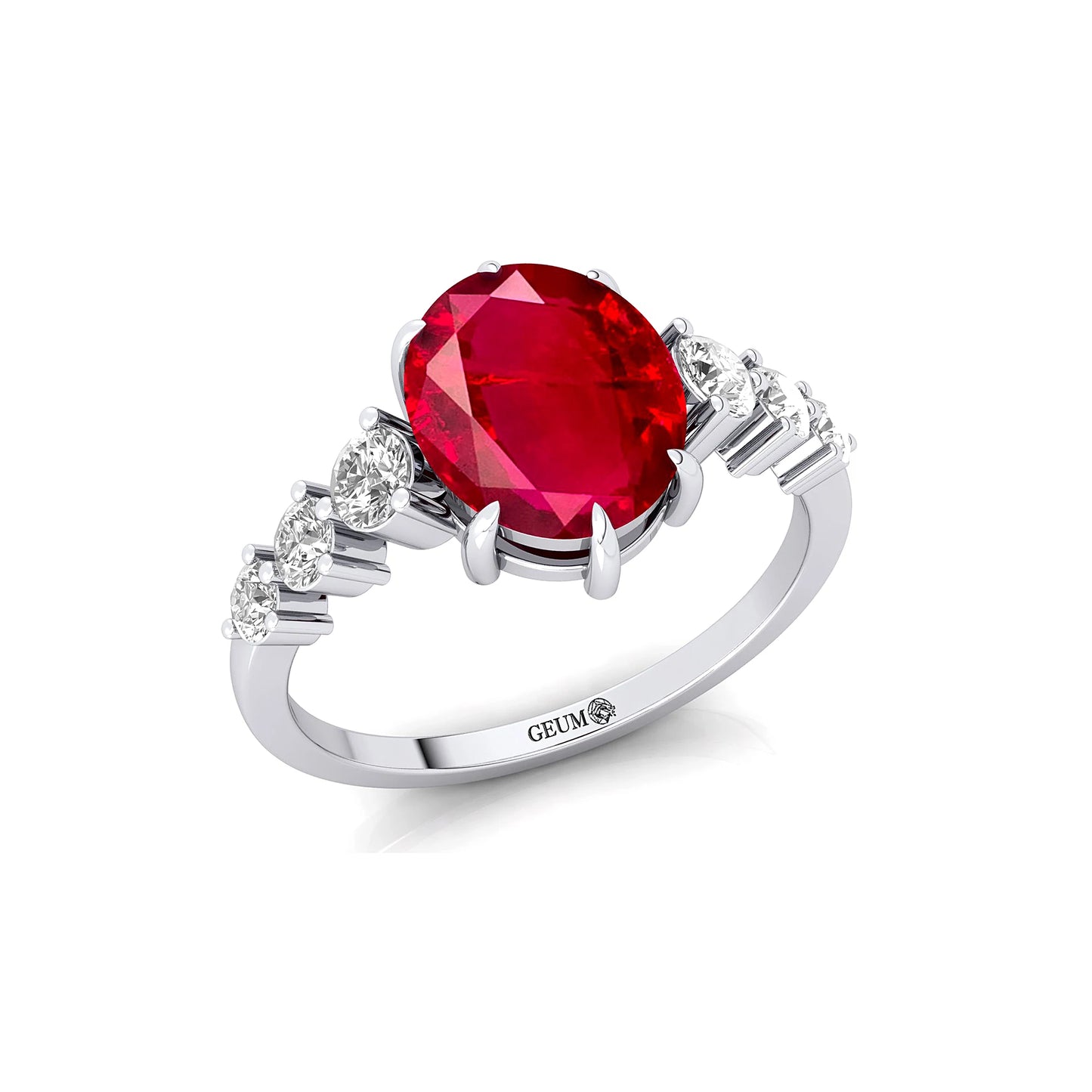14K Gold Oval Cut Lab Grown Ruby & Side Diamond Solitaire Ring Classic Luxury Design Lab Made Ruby & Real Diamonds Wedding Ring