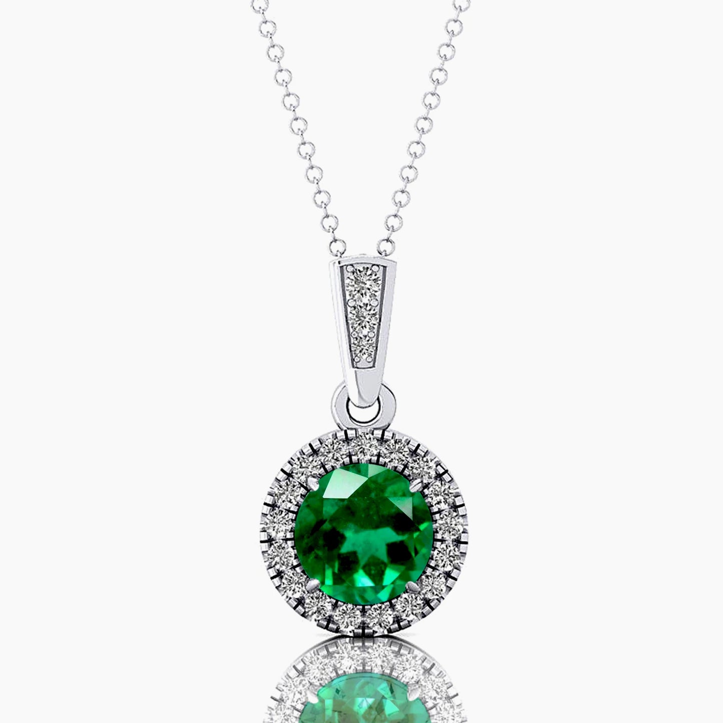 Halo Solitaire Charm Pendant Necklace Lab Grown Emerald Gemstone Genuine White Diamonds Cute Style Rhodium Plated Certified Gold