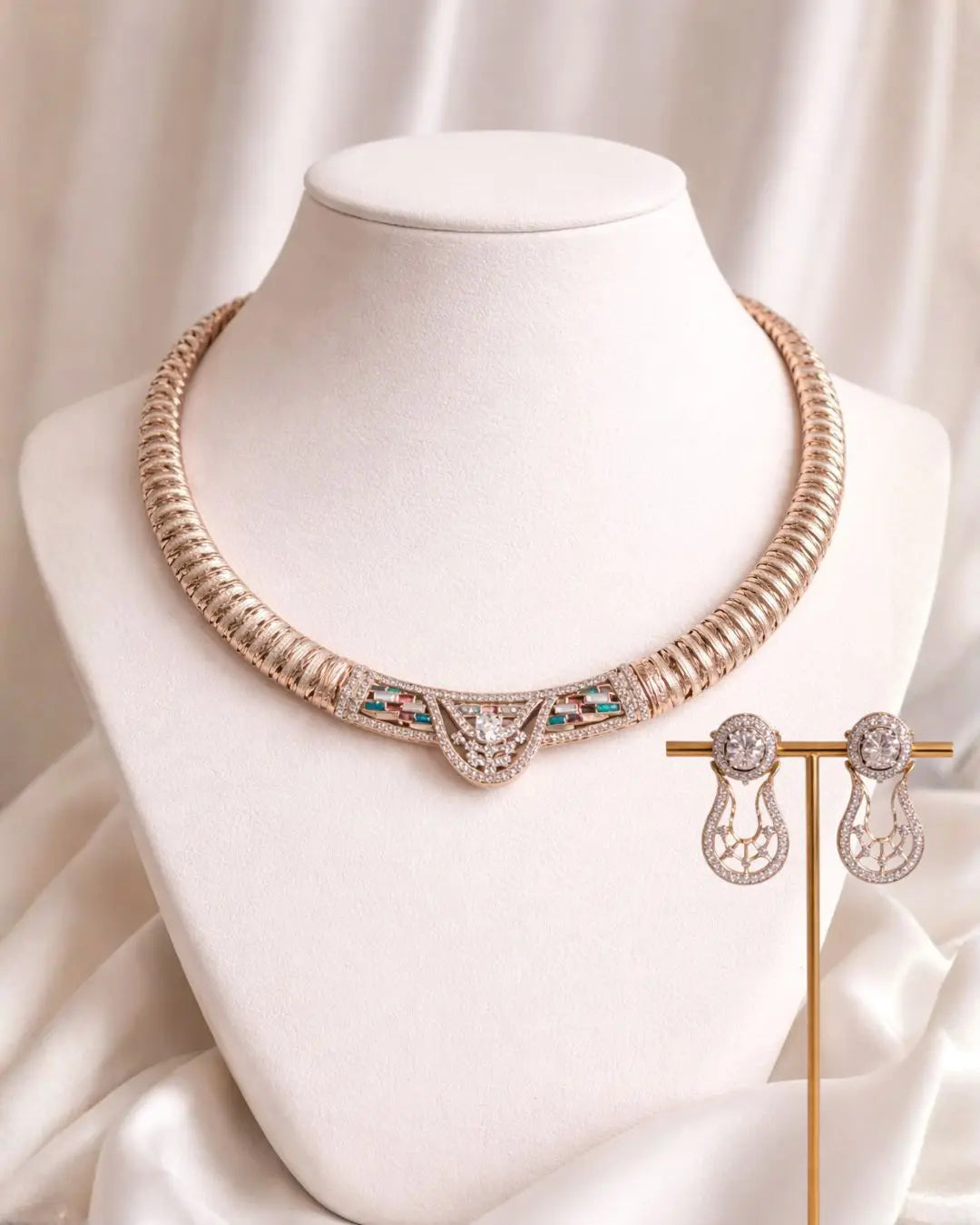 Mesh Style Rose Gold Jewelry Sets in 925 Silver Necklace Motif Earrings Set Fashionable Women Traditional Indian Design