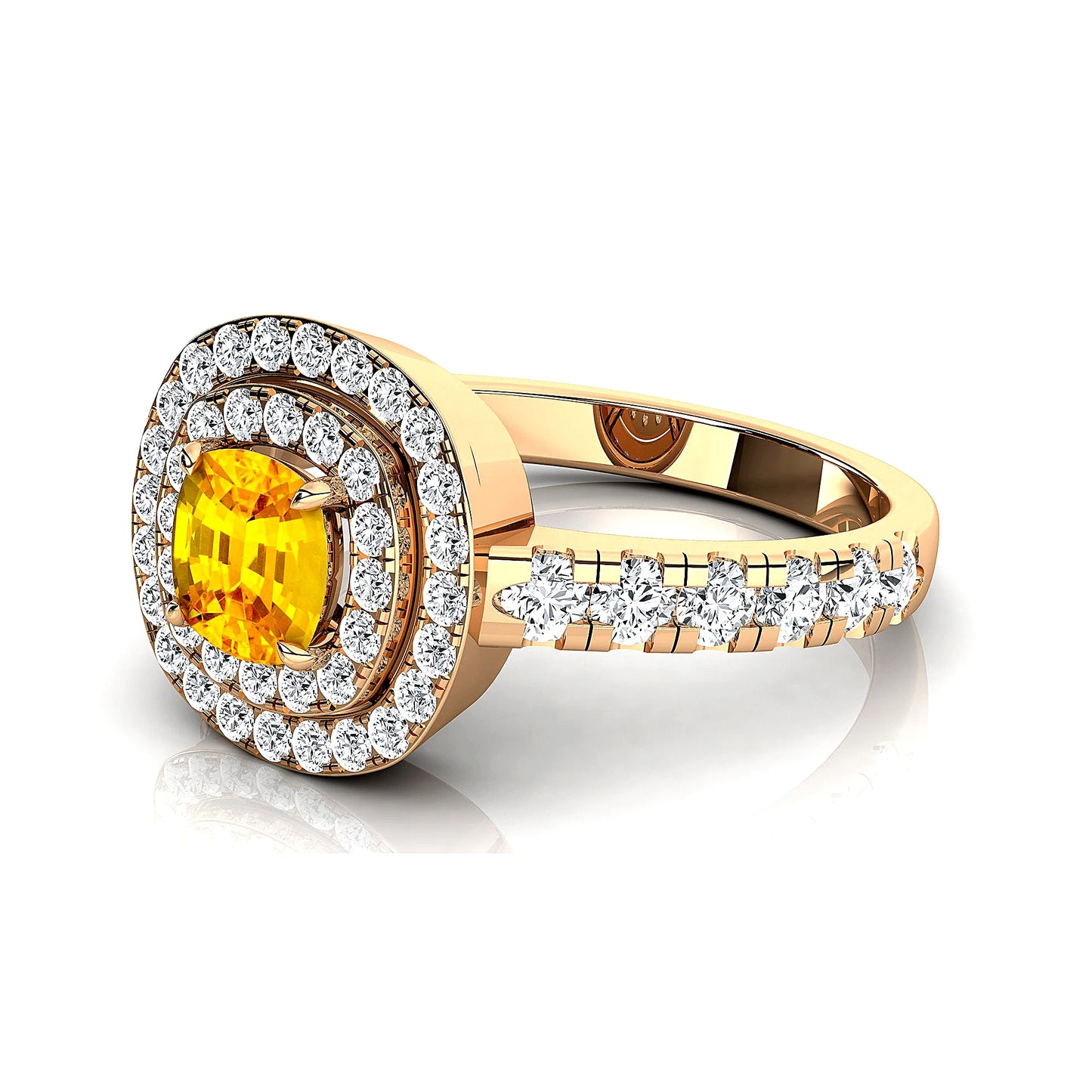 18K Pure Gold Lab Grown Yellow Sapphire Stone and Natural Diamonds Classic Engagement Double Halo Ring Wedding Fine Ring Jewelry