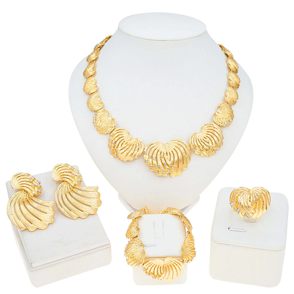Zhuerrui Italian Gold Plated Jewelry Set Fan Shaped Crystal Inlaid Layered Necklace Earrings Bracelet Ring for Women Party I0059