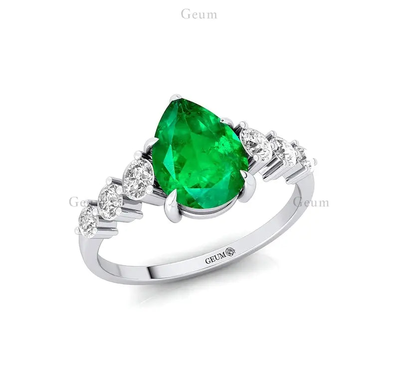 Luxurious 14k Gold Jewelry Unique Round Cut Lab Grown Emerald Gemstone Ring Genuine Diamonds Wedding Anniversary Party Wear Ring