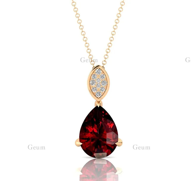 14K Solid Yellow Rose White Gold Rhodium Plated Cute Fancy Teardrop Pear Shaped Pendant Natural Red Garnet Gemstone Pendant Gift