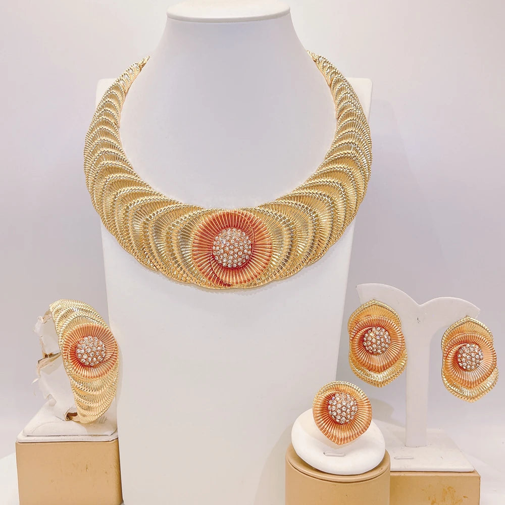 Zhuerrui Italian Gold Plated Jewelry Set Layered Fan Gradient Floral Crystal Necklace Earrings Bracelet Ring Women Party I00001