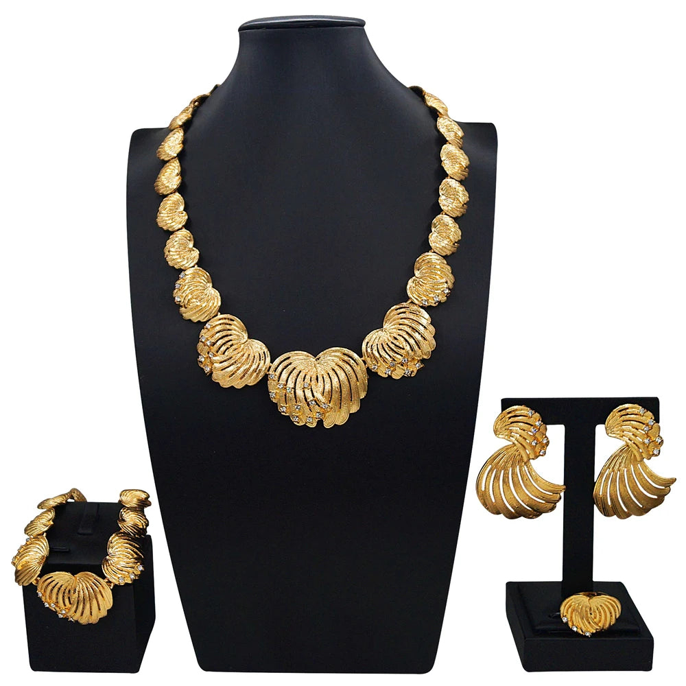 Zhuerrui Italian Gold Plated Jewelry Set Fan Shaped Crystal Inlaid Layered Necklace Earrings Bracelet Ring for Women Party I0059