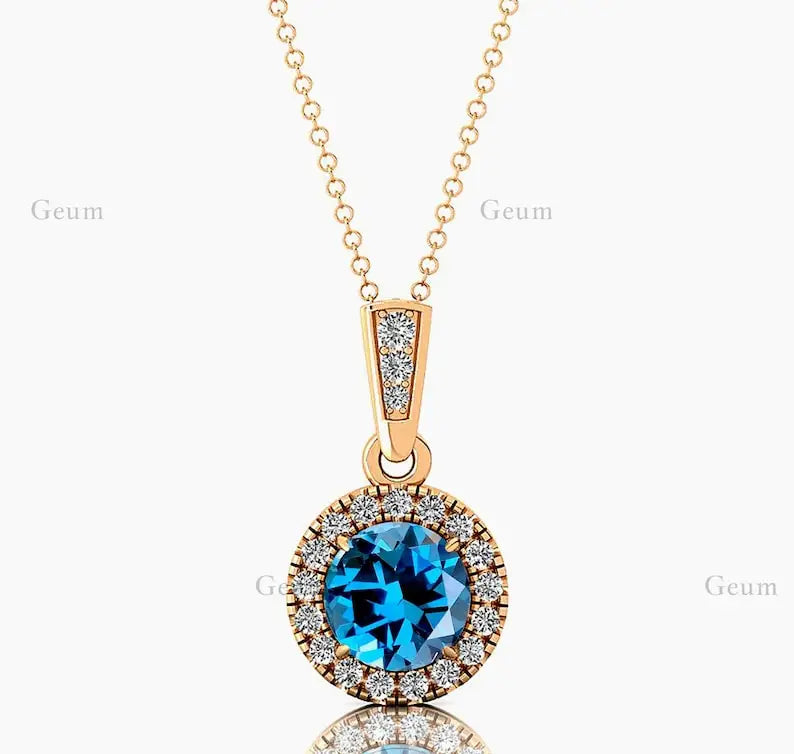 Exquisite Halo Style Natural London Blue Topaz Gemstone & Genuine Diamonds 14k White Gold Charm Pendant Necklace For Mother Gift