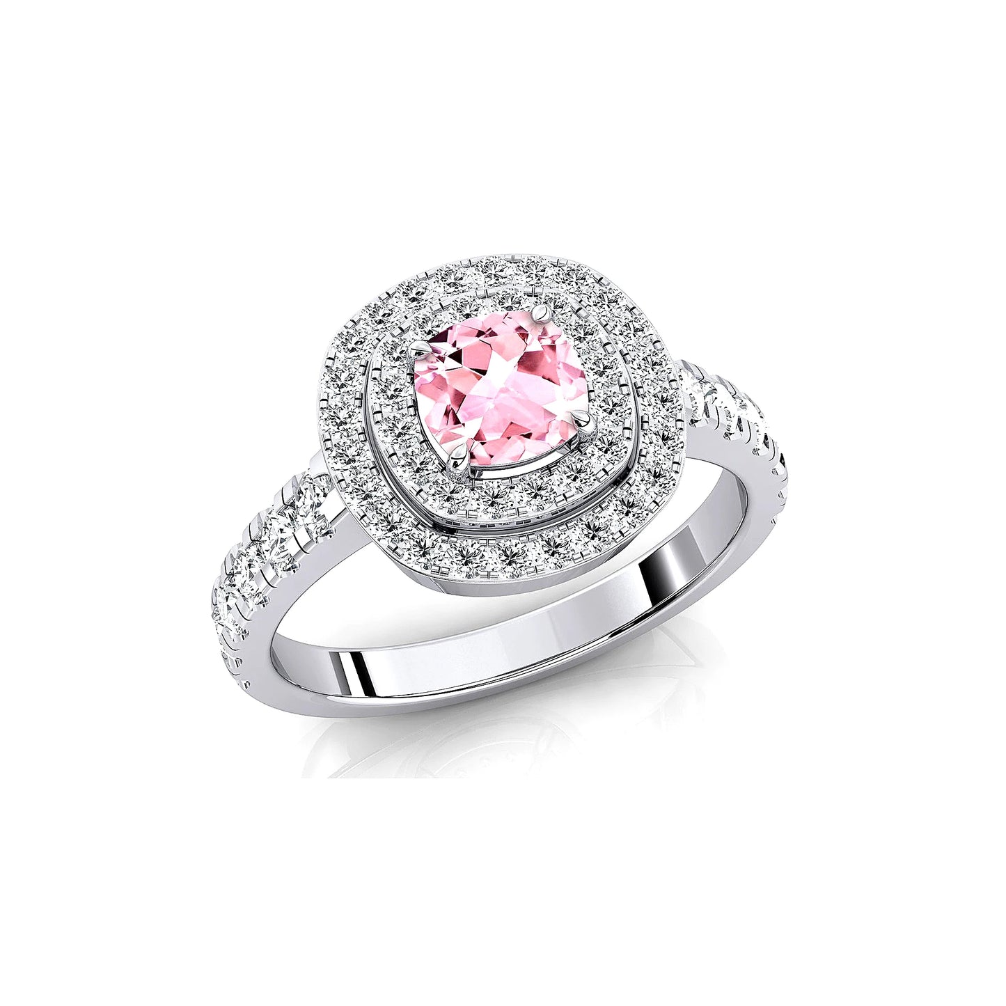 18K Solid Gold Rhodium Plated Cluster Halo Rings with Natural Morganite Gemstone and Real Diamonds Statement Wedding Fine Ring