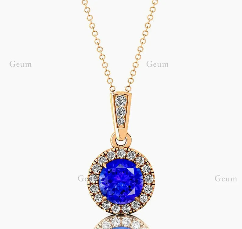 Latest Trendy Design Solid Gold Cute Pendant Real Diamonds Featuring Natural Tanzanite Gemstone Rhodium Plated Jewelry For Women