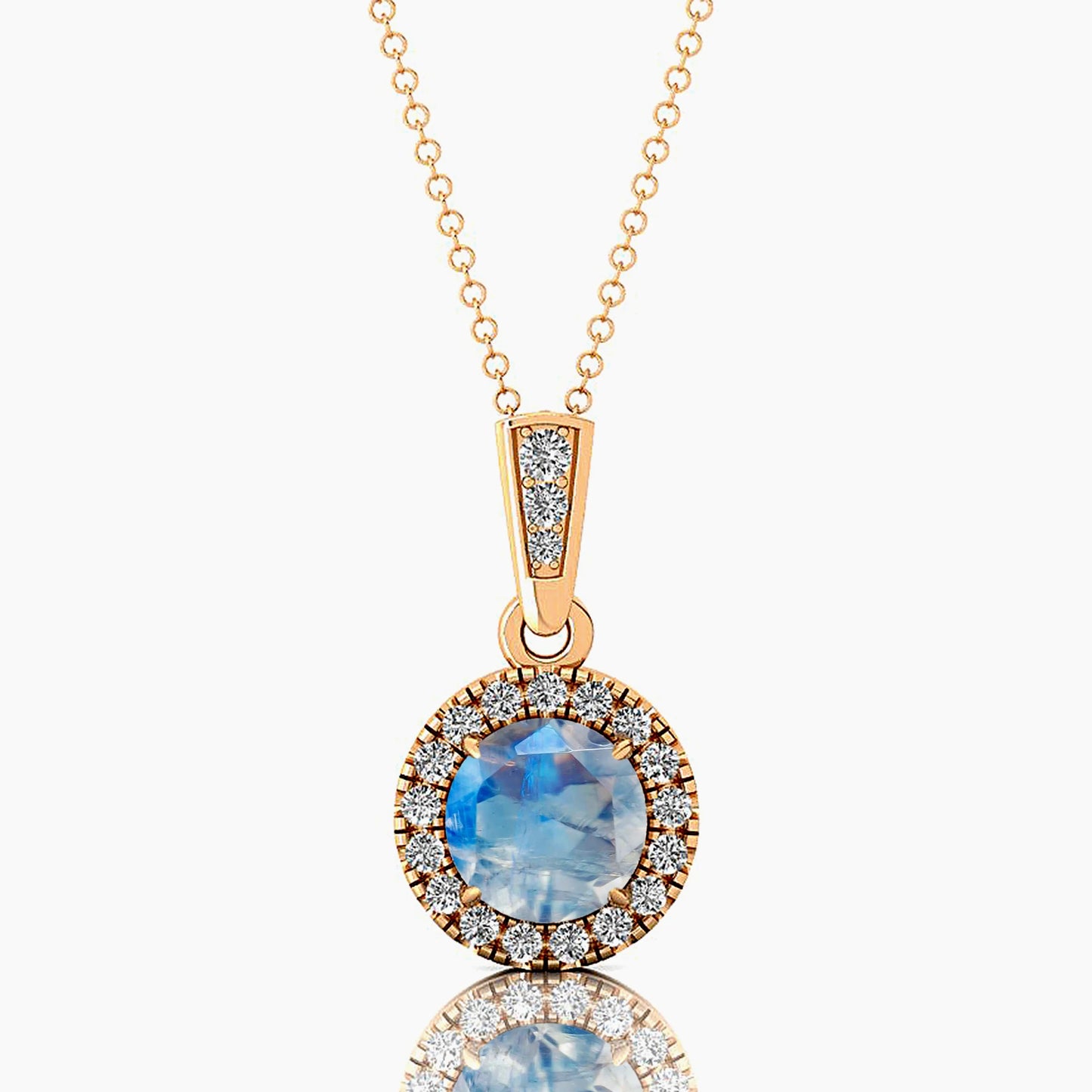 Beautiful Halo Solitaire Charm's Pendant Rainbow Moonstone Jewelry Rhodium Plated 14k Gold Necklace