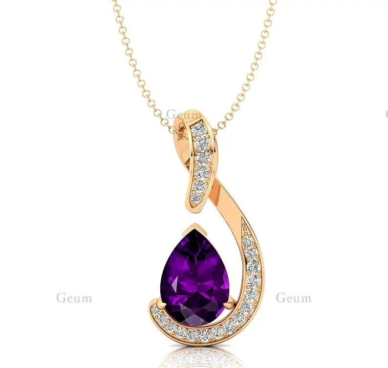 Luxury Hand Crafted 18k Solid Gold Diamonds Pendant Natural Amethyst Gemstone Pear Cut Rhodium Plated Classic Pendant For Her
