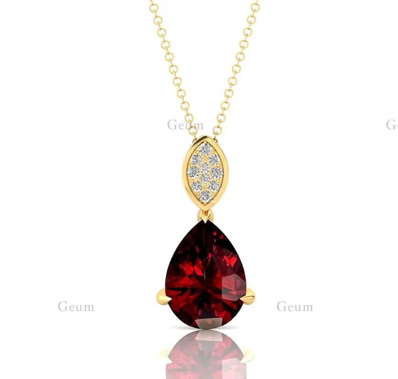 14K Solid Yellow Rose White Gold Rhodium Plated Cute Fancy Teardrop Pear Shaped Pendant Natural Red Garnet Gemstone Pendant Gift