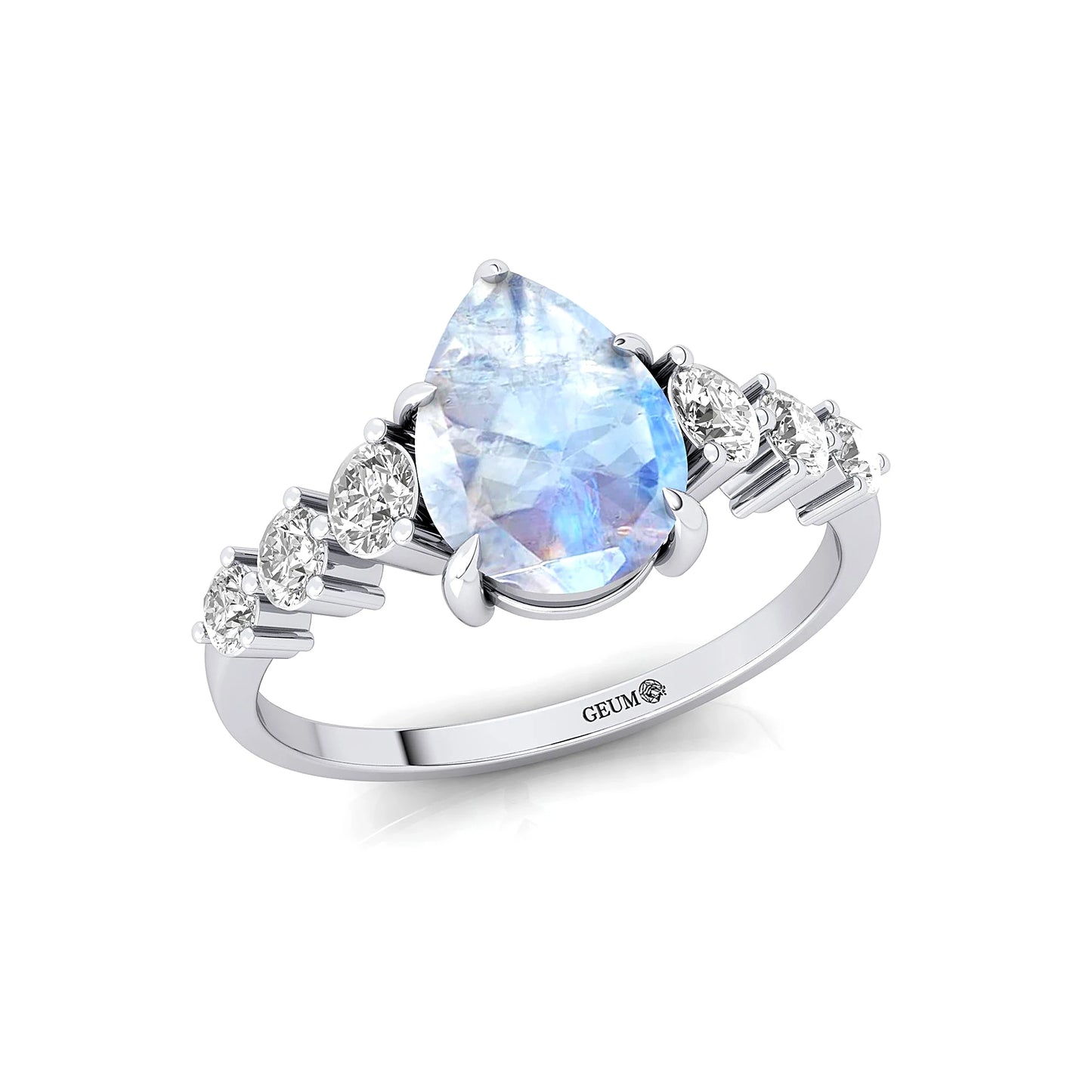 Fabulous Pear Shape Natural Rainbow Moonstone Gemstone Bridal Cluster Rings in 18k Solid Gold with Round Cut Real Diamonds Ring