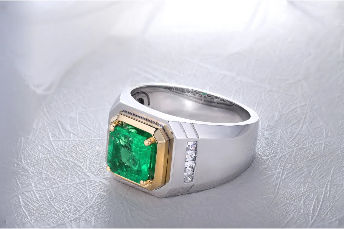 Gemfiori Anster Lab Made Diamonds and Ring S925 Sterling Silver Asscher Cut Lab Created Emerald Men Ring